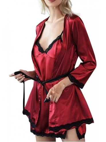 Bustiers & Corsets Women Lace Sexy Lingerie Lace Nightdress Two Sets of Silk-Like Pajamas Underwear - Red - C518ZQX449X $42.96