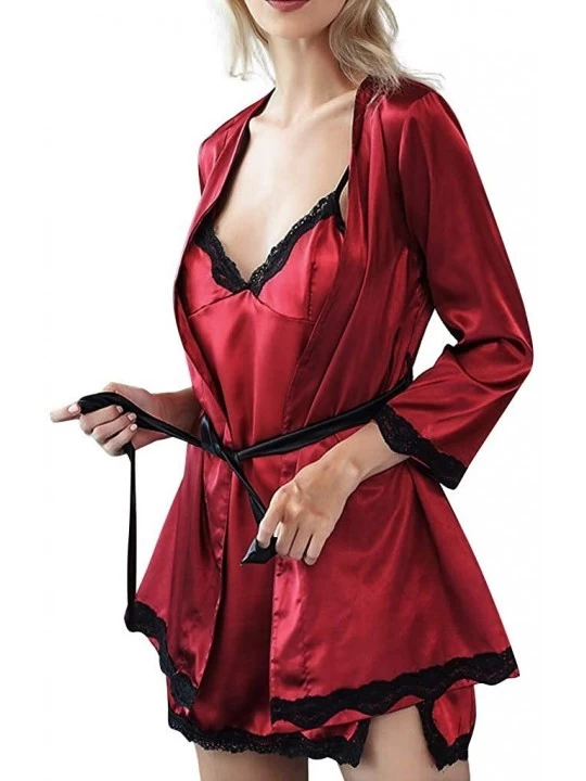 Bustiers & Corsets Women Lace Sexy Lingerie Lace Nightdress Two Sets of Silk-Like Pajamas Underwear - Red - C518ZQX449X $24.55