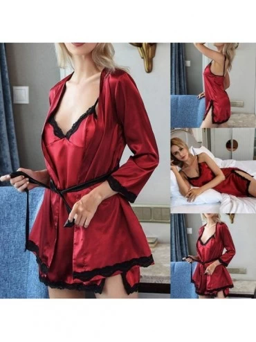 Bustiers & Corsets Women Lace Sexy Lingerie Lace Nightdress Two Sets of Silk-Like Pajamas Underwear - Red - C518ZQX449X $24.55