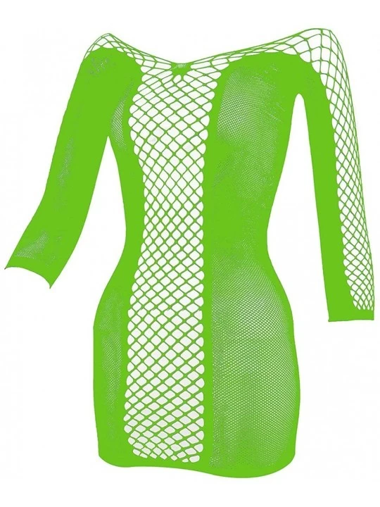 Baby Dolls & Chemises Women Fishnet Lingerie Babydoll Bodysuit Long Sleeve Chemises Mini Dress Size US2-18 - Green - CN18UE98...