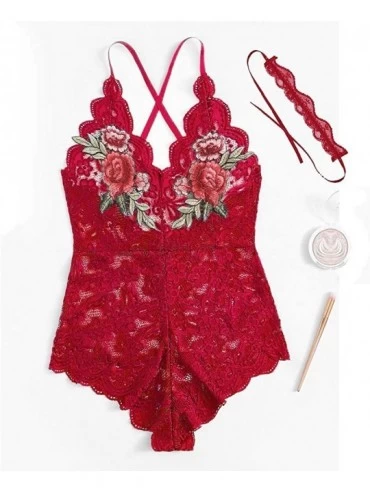 Garters & Garter Belts Lingerie for Women for Sexy Siamese Lingerie Lace Print Slings Pajamas S-3XL - Red - C918YGGEA9T $9.76