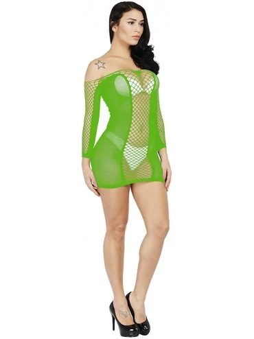Baby Dolls & Chemises Women Fishnet Lingerie Babydoll Bodysuit Long Sleeve Chemises Mini Dress Size US2-18 - Green - CN18UE98...