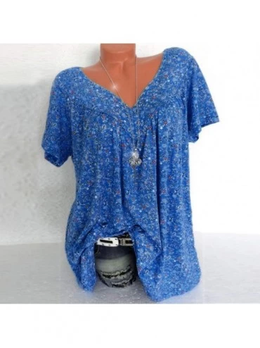 Tops Women's Large Size Short-Sleeved T-Shirt Shirt Fashion V-Neck Printed Shirt Pullover Top - Blue - C418SC2UN8C $20.00