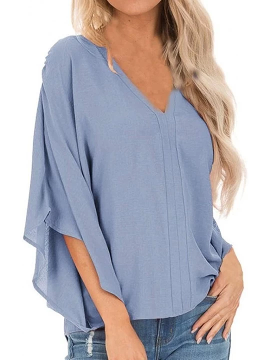 Baby Dolls & Chemises Women Blouse Tops Sexy Solid Deep V Neck Loose Long Sleeve T Shirts Blouse Top - Light Blue - CD18WUORN...