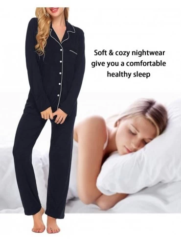 Sets Pajamas for Women Long/Short Sleeve Button Down Sleepwear Set 2 Piece Cotton Pjs Soft Nightwear Set Loungewear - C navy ...