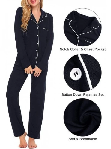 Sets Pajamas for Women Long/Short Sleeve Button Down Sleepwear Set 2 Piece Cotton Pjs Soft Nightwear Set Loungewear - C navy ...