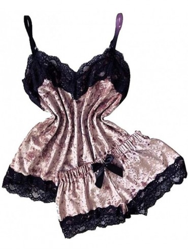 Sets Women's Flower Lace Satin Sleepwear Plus Size V Neck Cami Top and Shorts Pajama Set Nighty Set - Pink 2 - CG1942NNLR7 $3...