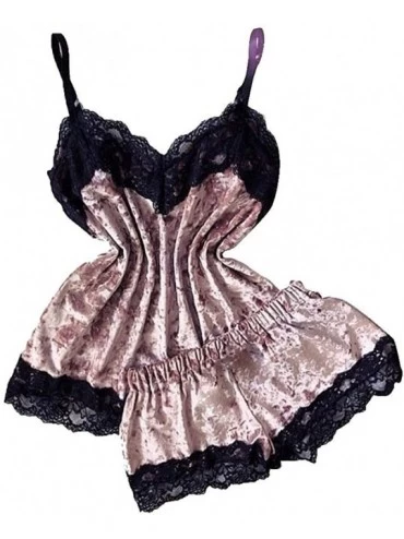 Sets Women's Flower Lace Satin Sleepwear Plus Size V Neck Cami Top and Shorts Pajama Set Nighty Set - Pink 2 - CG1942NNLR7 $1...