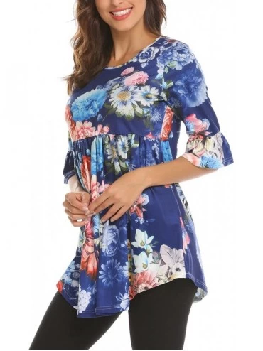 Slips Women's 3/4 Ruffle Sleeve Floral Loose Swing Casual Short T-Shirt Tunic Tops - Pat2 - CT18DAAQKMX $30.01