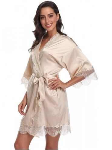 Robes Womens Satin Kimono Robes with Lace Sexy Lingerie Bath Robes Short Bridesmaids Nightwear with Pockets - Champagne - C41...