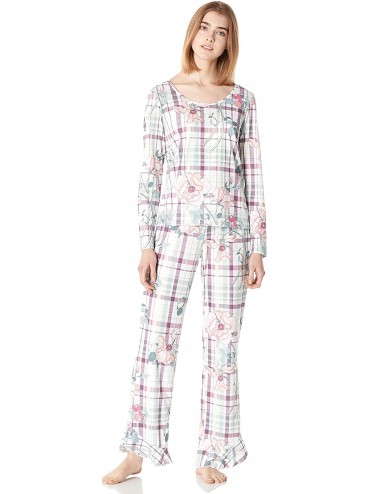Sets Women's Knit Long Sleeve Top & Flounces Flare Pants Sleepwear Floral Printed Pajama Set Small-XX-Large - Pink - CT18ADT7...