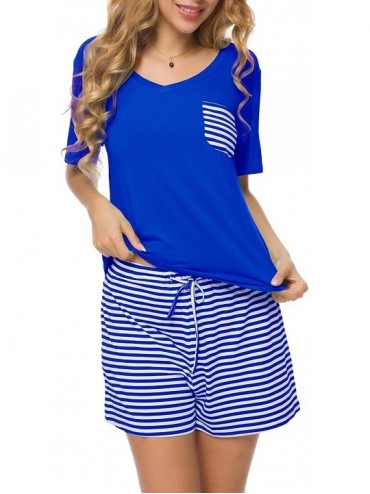 Sets Women Nightwear Short Sleeve Shirt and Shorts Pajama Set V Neck Sleepwear - Sapphire Blue Striped - CT19858GUU0 $51.72