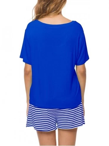 Sets Women Nightwear Short Sleeve Shirt and Shorts Pajama Set V Neck Sleepwear - Sapphire Blue Striped - CT19858GUU0 $24.66