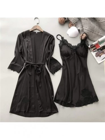 Nightgowns & Sleepshirts Lingerie Satin Lace Set of 2 Suit Sexy Nightdress Full Slips Sleepwear - 2 Pcs Pajamas-black - CB193...