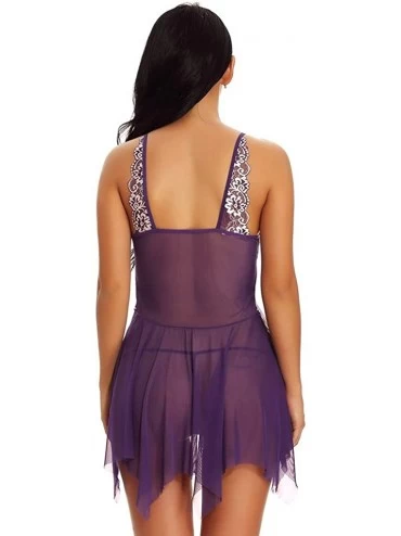 Baby Dolls & Chemises Lingerie for Women Sexy Nightdress Front Closure Babydoll Lace V Neck Mesh Sleepwear - Purple - CX19CUI...