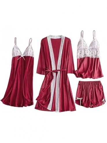 Robes Women Silky Robe Set Sexy Lace Kimono Bathrobe Camisole Shorts Nightdress Sleepwear - Red - CG193Z2AQTY $41.30