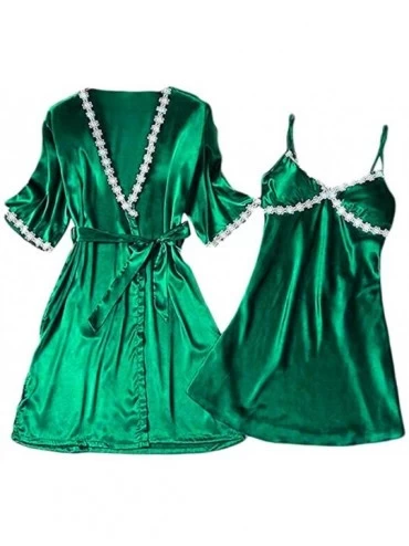 Robes Womens Autumn 2PC Nightgown and Robe Sets Camisole Bath Pajama Coat Dress Sleepwear - Green - C818UTSHA7W $38.13