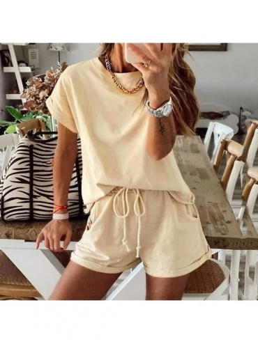 Sets Womens Pajama Sets Plain Short Sleeve Top with Shorts Lounge Sets 2 Piece Outfit Sleepwear Nightwear Tracksuit Beige - C...
