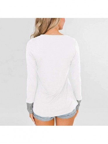 Slips Women Solid Blouse Long Sleeve Stripe Stitching Casual Shirt Pullover Tops Tunics - White - CT193GKR3U9 $36.77
