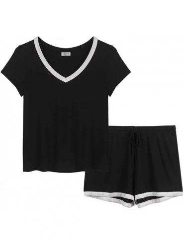 Sets Ladies Comfy Bamboo Pj Sets V Neck Jersey Knit Pajama Shorts Set Loungewear - Shorts-black - CE18E8XAM2D $46.89