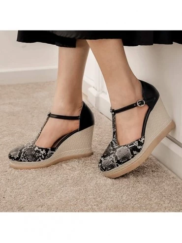 Bras Women's Wedges Sandals Fashion Snake Printed T-Strap Ankle Buckle Weavn Platform Sandals - Black - C2196IHDENR $27.53
