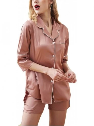 Sets Women's 2 PCs Pajama Set Boyfriend Silky 3/4 Sleeves Tops Shorts Pockets Loungewear - Pink - CU18Y94XCIE $58.38