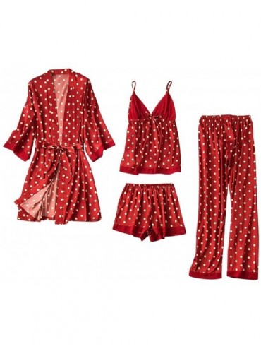 Bras Women 4 PC Satin Silk Pajamas Cardigan with Belt Nightdress Polka Dot Print Bathrobe Underwear Sleepwear Set - Wine - C1...