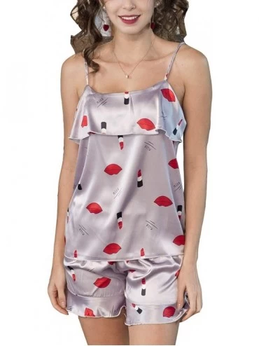 Sets Women's Silk Pajama Set Satin Loungewear Cami Short 2 Pieces Ruffle Nightgown Kit - Gray - CY18TDLOEKR $28.52
