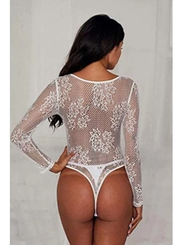 Shapewear Women Long Sleeves Bodysuit Decadent Lace Teddy Rompers - Underwire White - CM194RDSLXG $17.04