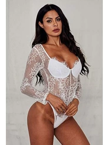 Shapewear Women Long Sleeves Bodysuit Decadent Lace Teddy Rompers - Underwire White - CM194RDSLXG $17.04