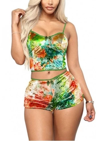 Sets Women's Vintage Velvet 2 piece outfit Spaghetti Strap Crop Top and Shorts - Orange Green - CA19DCX0I27 $35.45