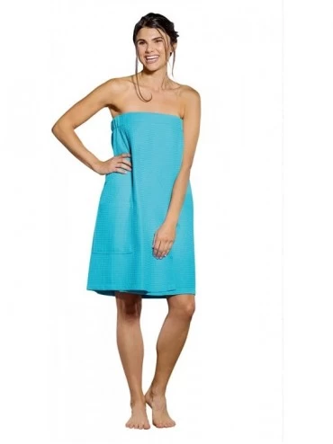 Robes Lightweight Knee Length Spa/Bath Waffle Body Wrap with Adjustable Touch Fastener - Turquoise - CK188MG9KM9 $31.49
