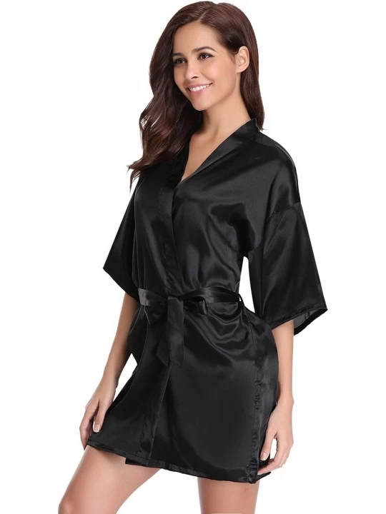Robes Women's Kimono Robes Satin Pure Colour Short Style with Oblique V-Neck Robe - Black - CE12ISQBLDJ $16.80