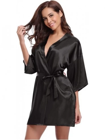 Robes Women's Kimono Robes Satin Pure Colour Short Style with Oblique V-Neck Robe - Black - CE12ISQBLDJ $16.80