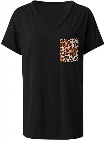 Garters & Garter Belts Women Classic Shirt Fashion Solid Color Splice Leopard Pocket Casual Printed Tops Blouse Tunics - Blac...
