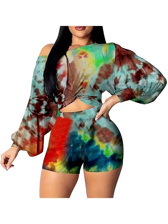 Thermal Underwear Fashion Ladies' Home Small Daisy Tie-Dye Long Sleeve Shorts Puff Sleeves Two-Piece Suit Sets - Green - CS19...