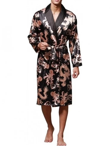 Robes Men Kimono Bathrobe Satin Robe Long Sleeve Night Robe Nightwear Sleepwear - Black - CD18TSU79G3 $42.64