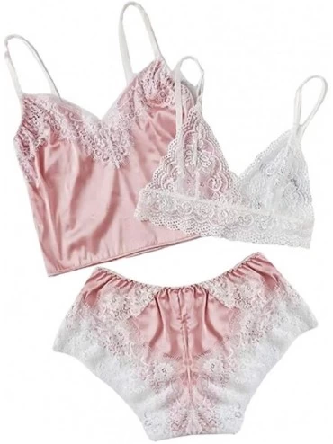 Sets Womens Lace Cami Top Lingerie Straps Bralette Shorts Panties 3 Piece Sleepwear Set Sexy Lingerie Pajama Set Pink - CS196...