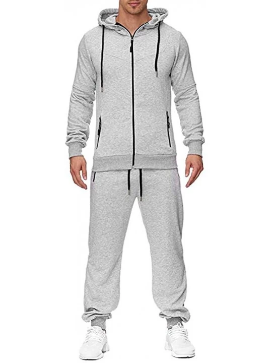 Thermal Underwear Two Piece Suit Sports Suit Tracksuit Men's Autumn Print Zipper Sweatshirt Hooded Top Pants Sets - Gray - C8...