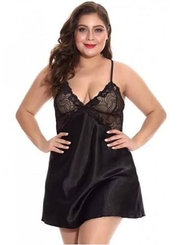 Tops Women Lace Satin Plus Size V-Neck Backless Pajamas Sexy Lingerie Sleepwear (Size XL-4XL) - Black - CF196SYATMS $22.70