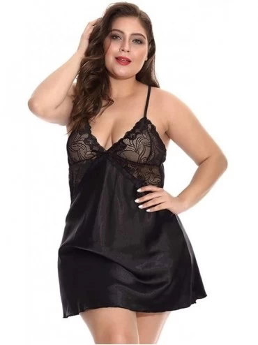 Tops Women Lace Satin Plus Size V-Neck Backless Pajamas Sexy Lingerie Sleepwear (Size XL-4XL) - Black - CF196SYATMS $10.75