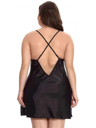 Tops Women Lace Satin Plus Size V-Neck Backless Pajamas Sexy Lingerie Sleepwear (Size XL-4XL) - Black - CF196SYATMS $10.75