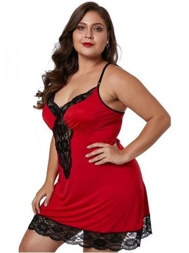 Baby Dolls & Chemises Women's Sexy Lingerie Floral Full Slip V Neck Sleepwear Lace Chemise Nightwear Plus Size - Red - CH198N...