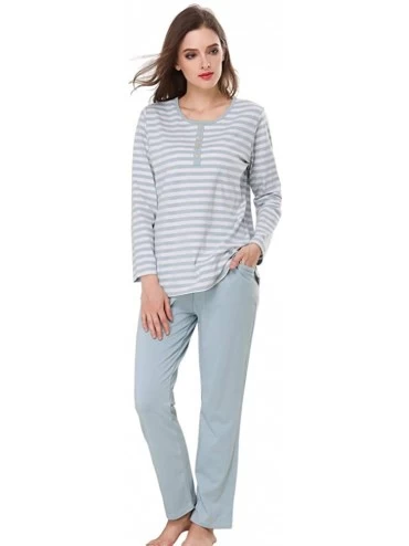 Sets Women's Cotton Built-in Bra Pajama Suit Sets Scoop Neck Long Sleeve T-Shirt and Ankle Length Pants with 2 Pockets - Blue...