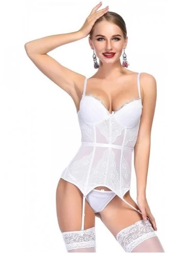 Baby Dolls & Chemises Womens Lingerie Set Stretchy Lace Teddy Bodysuit Chemise Nightwear with Garter Belts - White - CP198U7O...