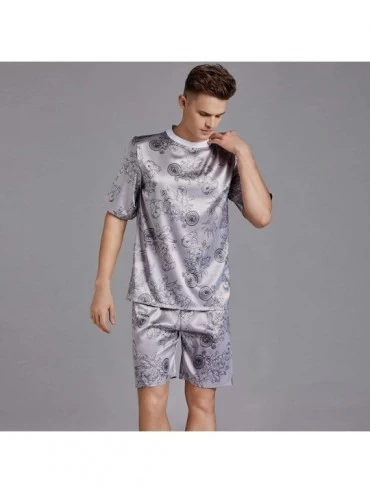 Sleep Sets Men's Printed Pajamas Set- Short Sleeve Tops Shorts- Round Neck Thin Loungewear Home Wear 2 Piece Set - Gray - CW1...