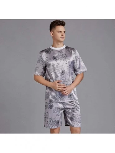 Sleep Sets Men's Printed Pajamas Set- Short Sleeve Tops Shorts- Round Neck Thin Loungewear Home Wear 2 Piece Set - Gray - CW1...