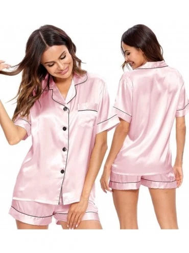 Sets Womens Silk Satin Pajamas Short Sleeve Loungewear Two-Piece Sleepwear Button-Down Pj Set - Pink-03 - CY19EZC3YWW $39.92