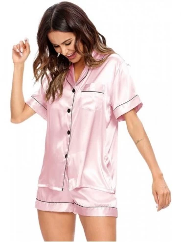 Sets Womens Silk Satin Pajamas Short Sleeve Loungewear Two-Piece Sleepwear Button-Down Pj Set - Pink-03 - CY19EZC3YWW $20.50