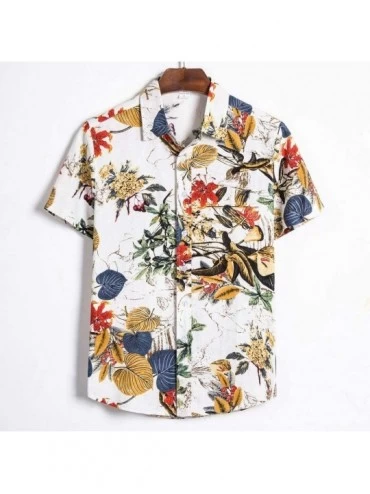 Sleep Tops Mens Tops Ethnic Short Sleeve Casual Cotton Linen Printing Blouse Tee Hawaiian Shirt - White - CD1942HKMTZ $16.84